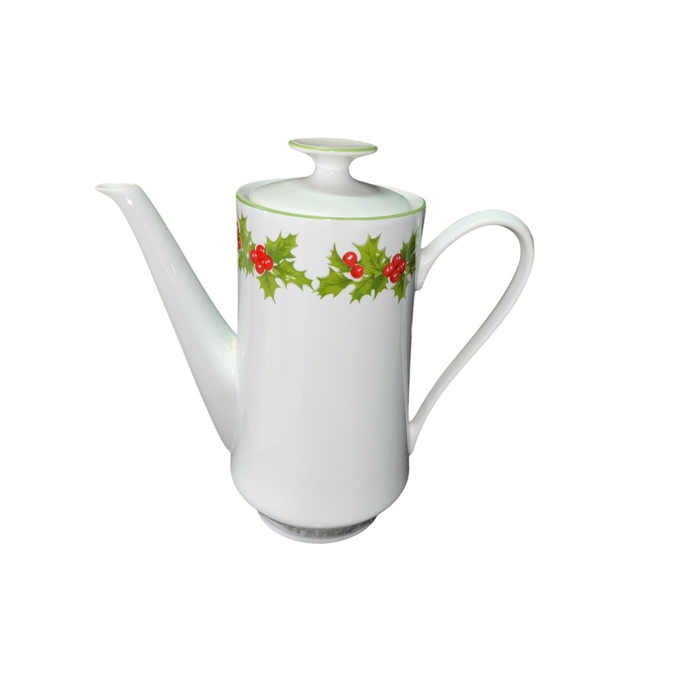 Schmidt Porcelain Brazil Pitcher Christmas Holly Berries On White W/ Lid‎